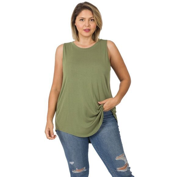 Zenana Plus Size Luxe Rayon Sleeveless Hi-Low Hem Tank Top Light Olive Size 1X - Picture 2 of 3